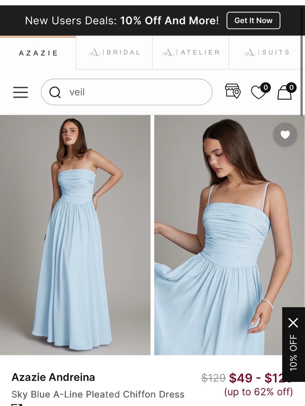 Azazie Andreina Sky Blue A-Line Pleated Chiffon Dress